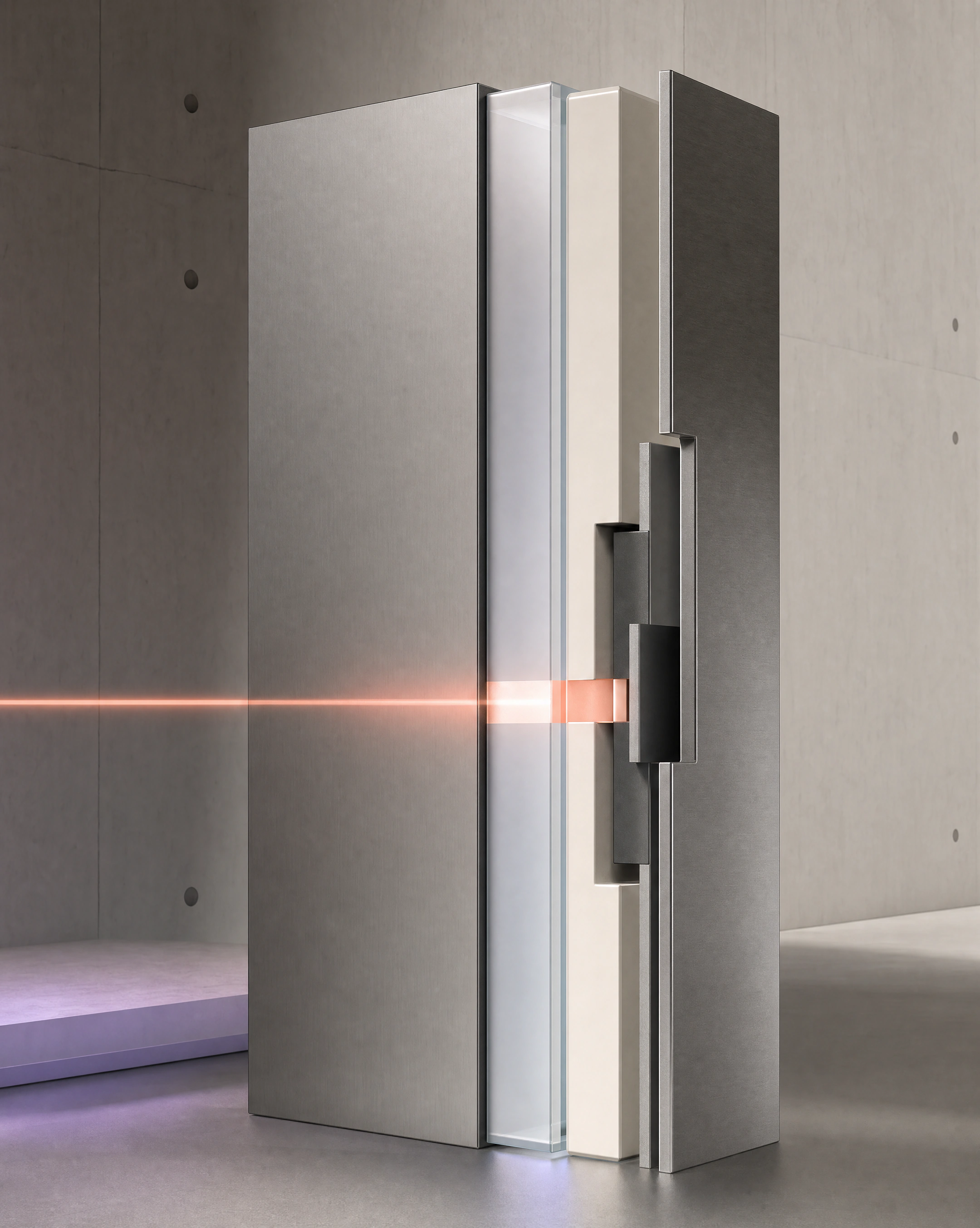 Präzise geschichtete Oberfläche aus hellem Glas und Metall