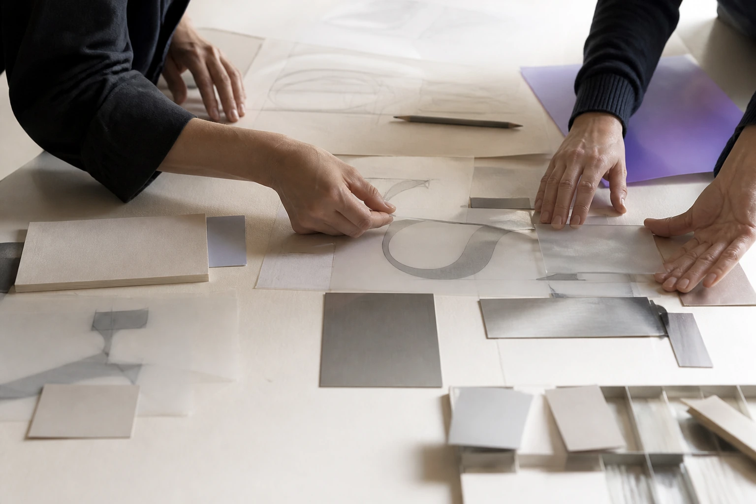 Hände richten transparente Gestaltungs- und Materialproben auf einem Arbeitstisch aus