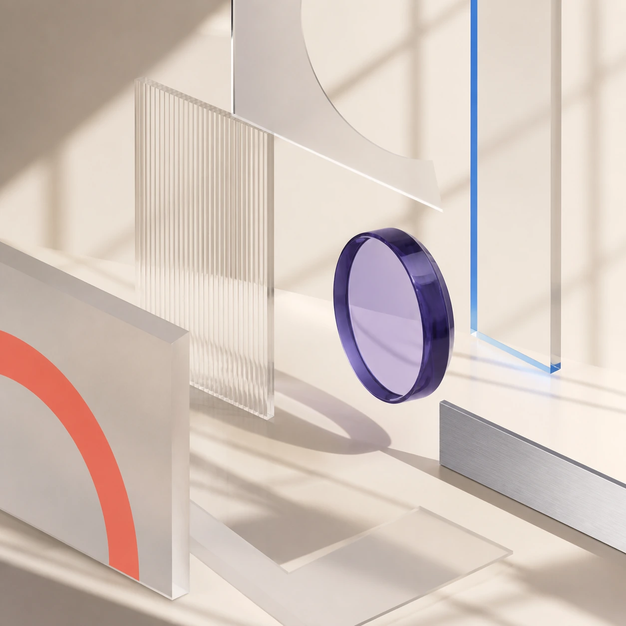 Räumliche Komposition aus Glas, Aluminium und farbigen Akzenten